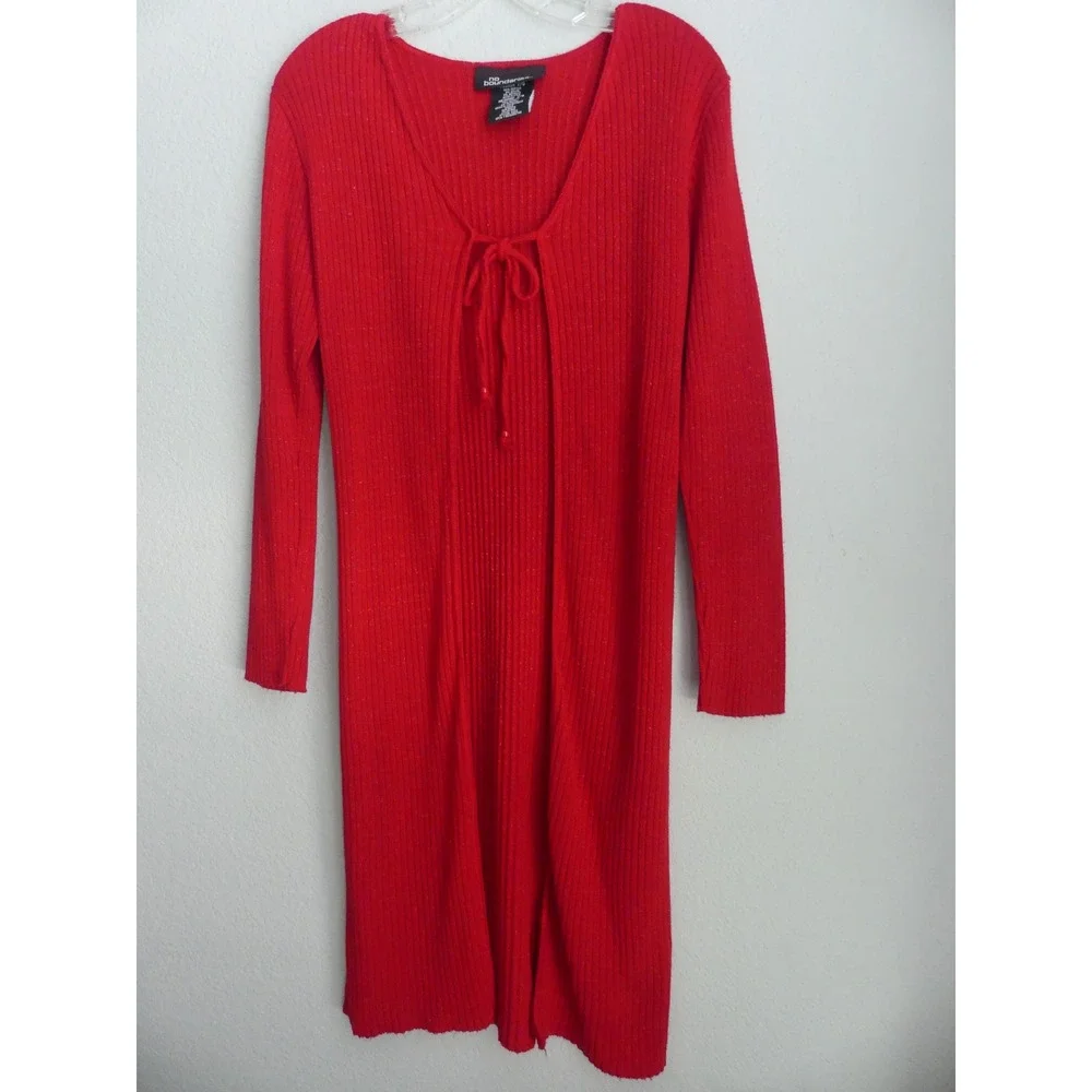 Y2K No Boundaries Red Metallic Ribbed Knit Long Duster Cardigan‎ Tie Front M 7/9